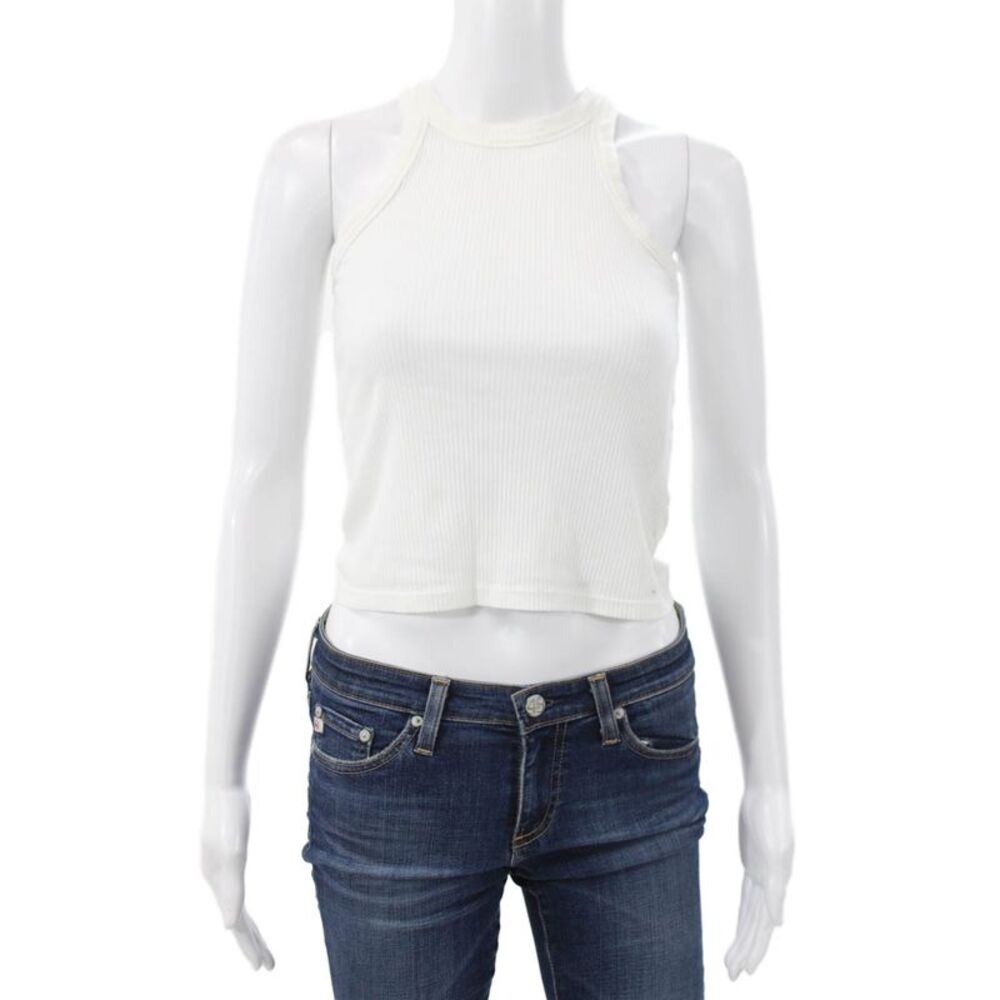 Wesley Women White Tencel Cropped Tank High Neck Sleeveless Size S